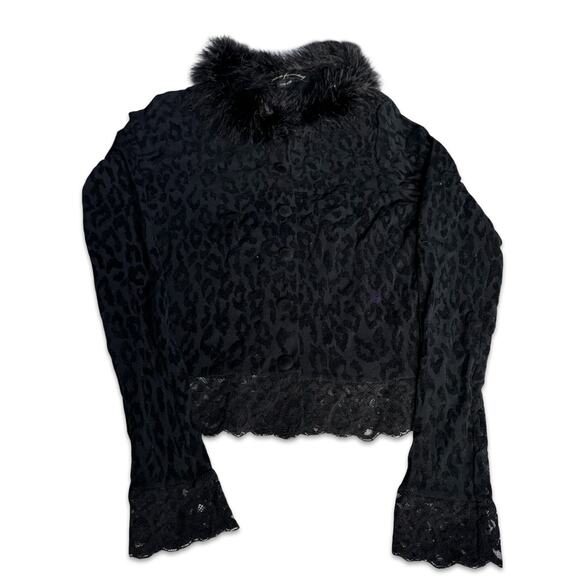 Vintage Ann Ferriday Leopard Print Lace Top Faux Fur Collar Sheer Black Gothic - Picture 6 of 10